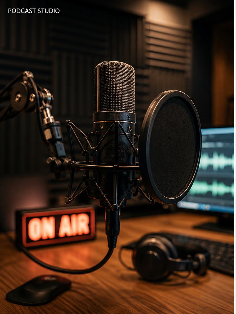 Professional podcast microphone in a studio